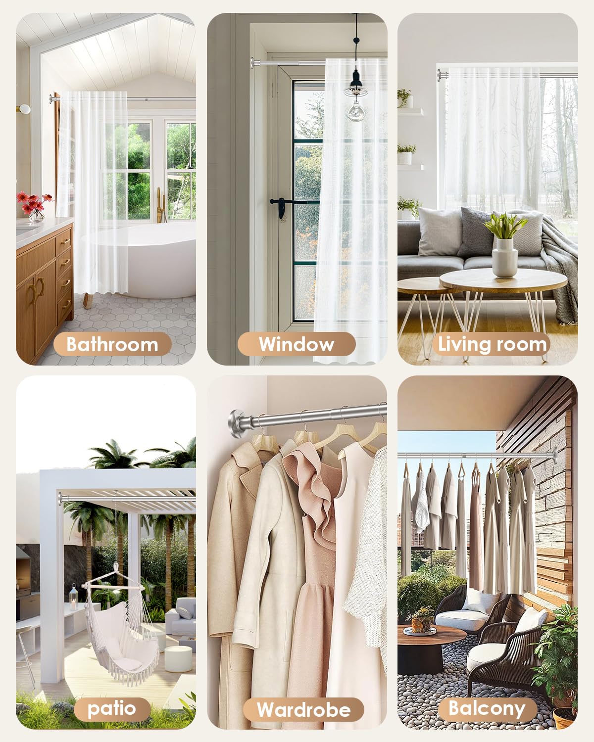 Haryaers Nickel Tension Shower Curtain Rod 30-96 In (8ft) 1.1" Diameter Stainless Steel, Rustproof Heavy Duty, No Drilling Adjustable Room Divider for Bathroom Window Patio Closet