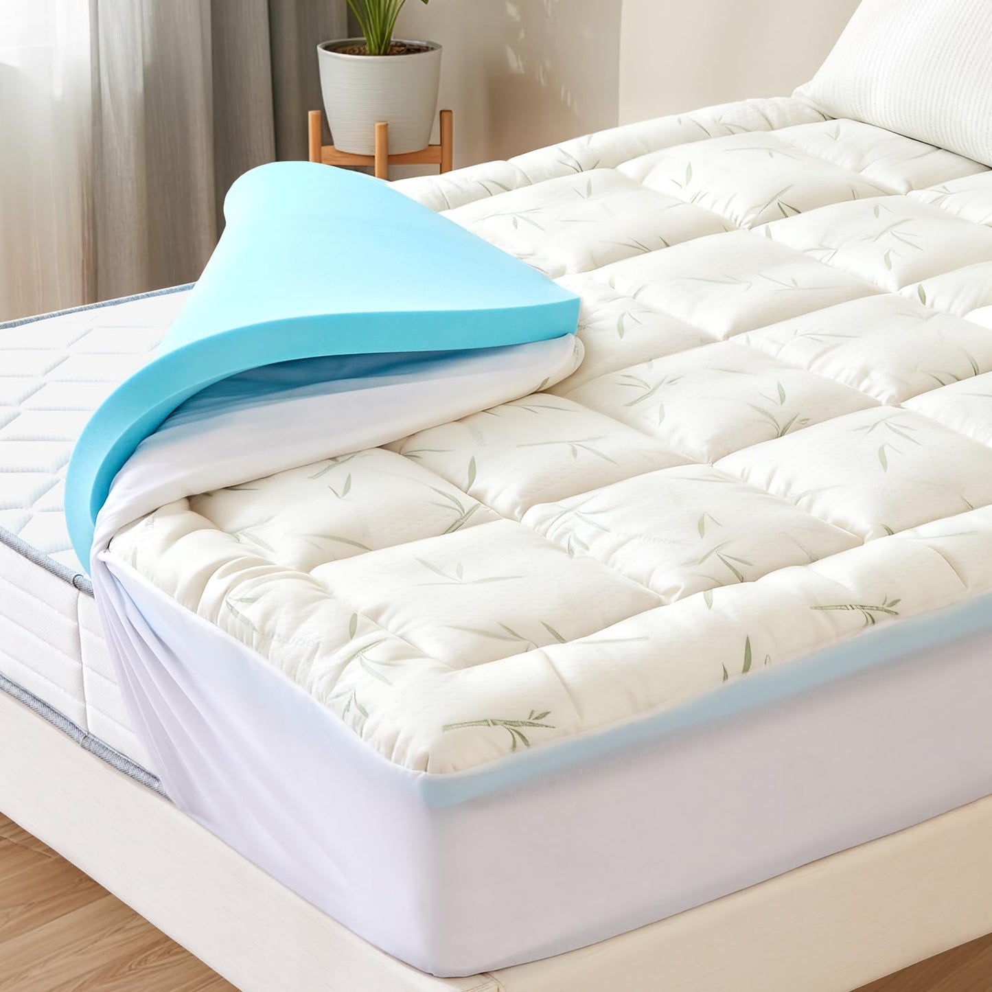 Sweetcrispy Dual Layer Queen Memory Foam Mattress Topper, 2 Inch Gel Memory Foam Plus 1 Inch Down Alternative Pillowtop Mattress Pad Cover, Cooling Bed Topper for Pressure Relief