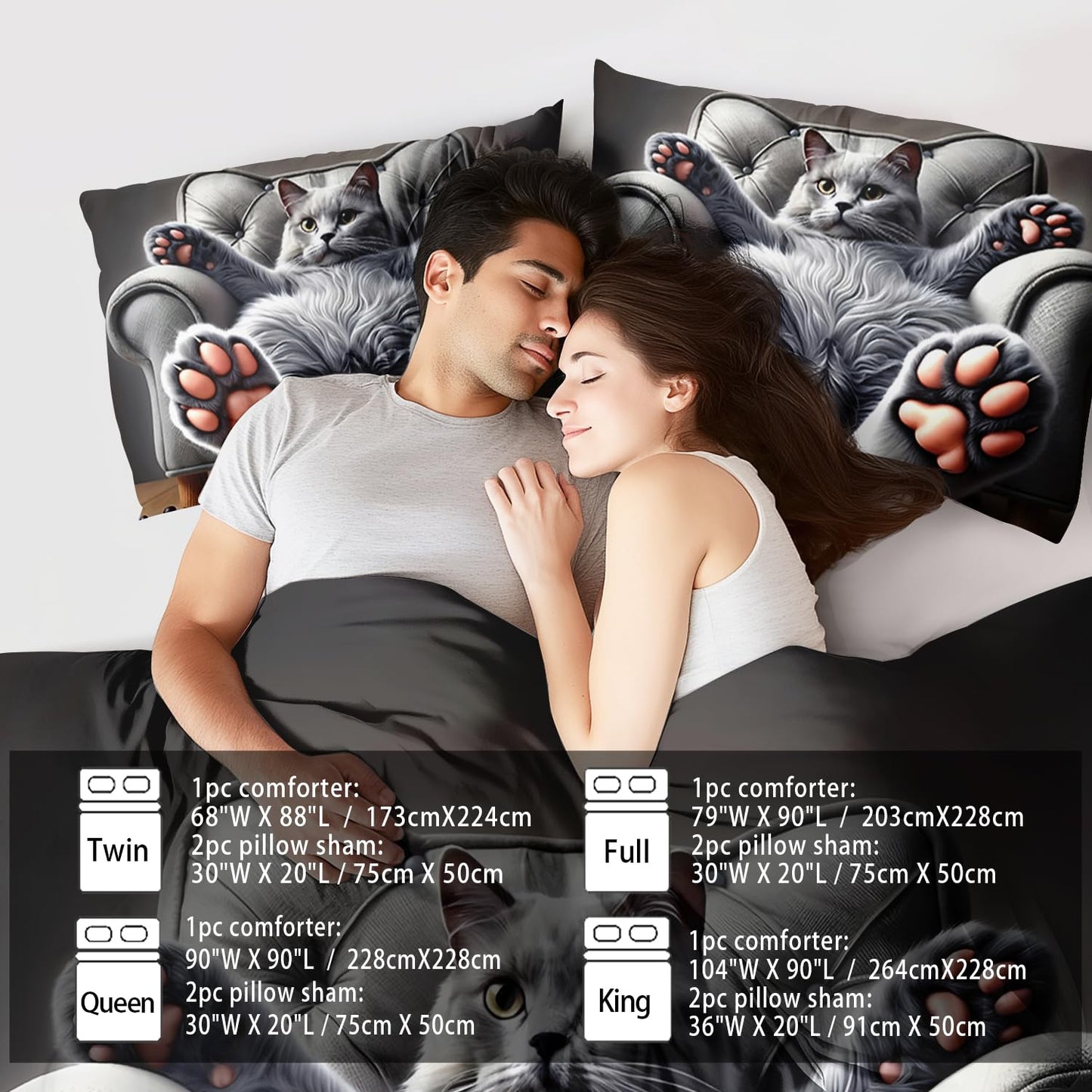 llyxsesty Cute Cat Comforter Set King,Grey Kawaii Cat Bedding Set Adult,Cute Animal Comforter for Boy,American Shorthair Bedding Grey,Kawaii Animal Print Quilt Bedroom Decor Kids