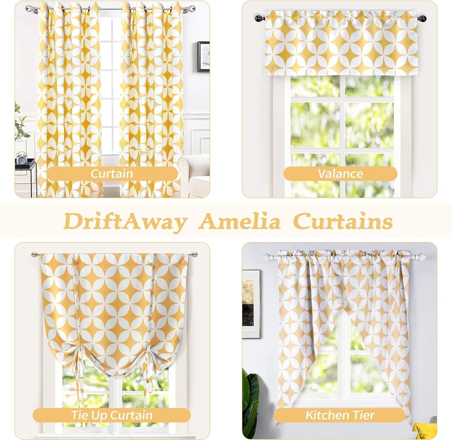 DriftAway Amelia Thermal Blackout Room Darkening Grommet Window Curtains Retro Geo Pattern Round Circle Star Print Set of 2 Panels Each 52 Inch by 84 Inch Yellow