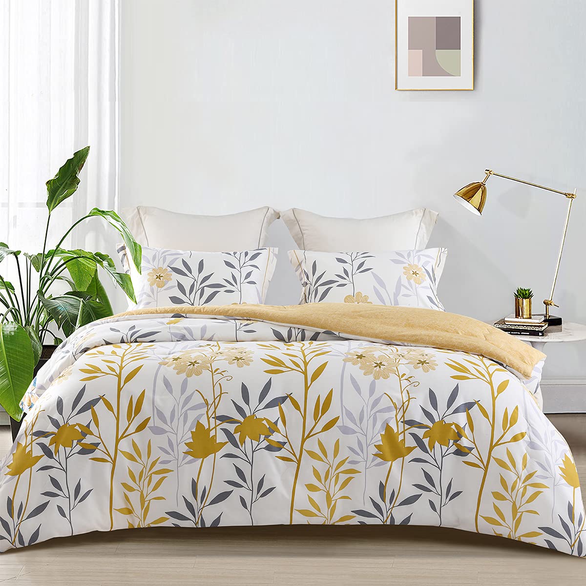 SLEEPBELLA Comforter King Size, 600 Thread Count Cotton Grey Branch with Yellow Flower & Grey Leaves Pattern Orange Reversible Comforter Set,Down Alternative Bedding Set 3Pcs(King, Yellow Botanical)
