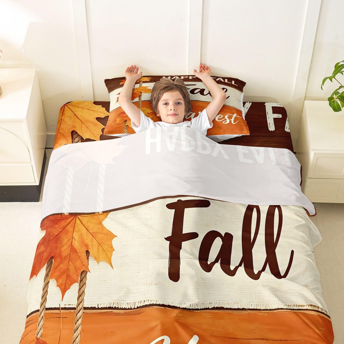 Erosebridal Happy Fall Bed Sheets Twin Size Rope Hanging Maple Leaf Sheet Set Kids Adults Rustic Plank Texture Bedding Set Modern Farmhouse Art Sheets