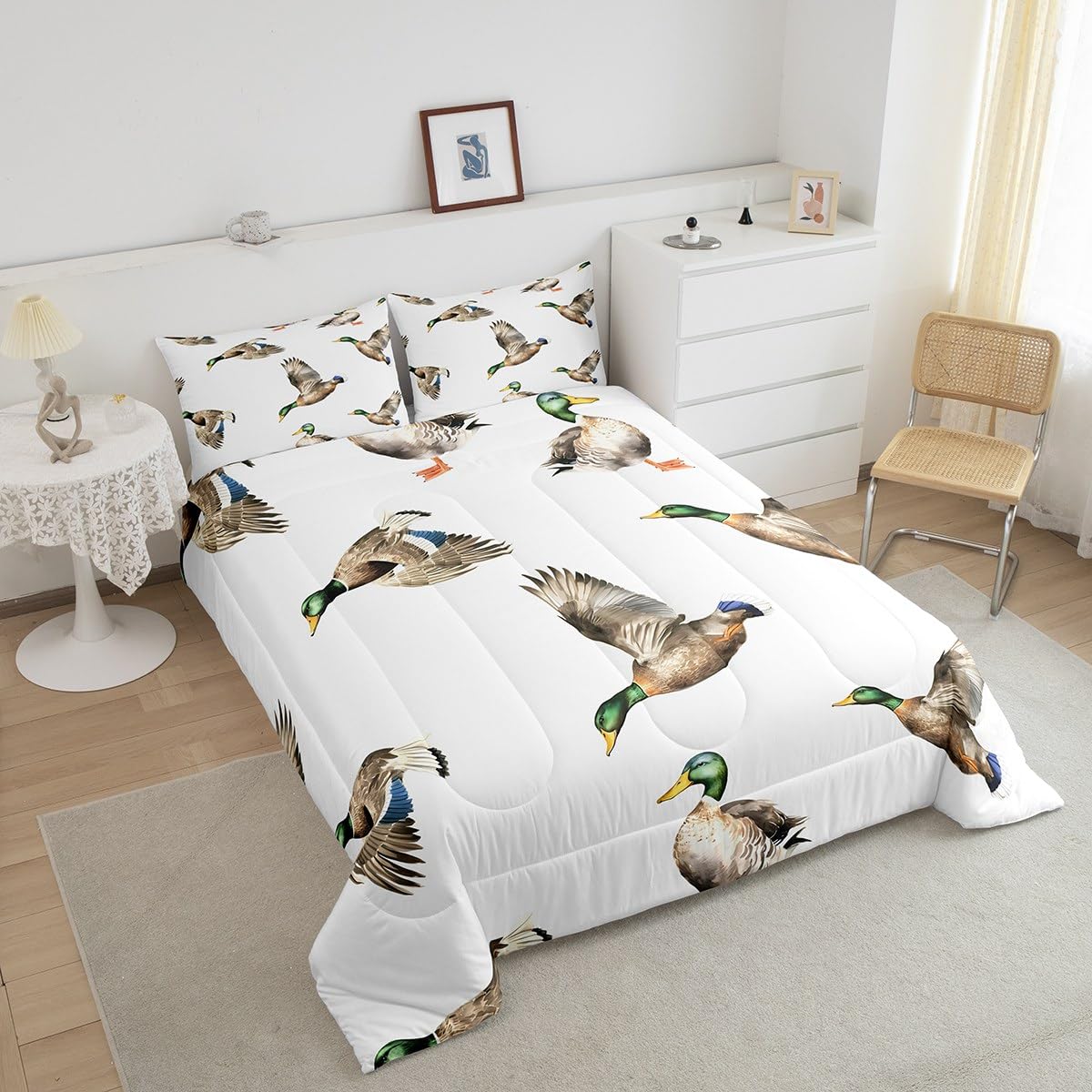 Feelyou Mallard Duck Bedding Set Hunting and Fishing Comforter Set Wild Animal Comforter for Boys Girls Kids Wildlife White Duvet Set Twin Size with 1 Pillow Case