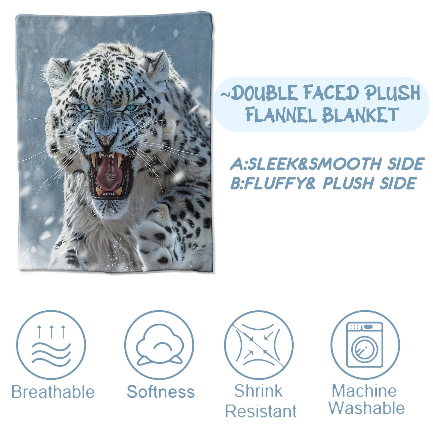 Snow Leopard Blanket for Adults Kids, Snow Leopard Gifts Bedding Decor Flannel Snow Leopard Throw Blanket, Snow Leopard Stuff Decorations Warm Soft Blanket for Bed Sofa Office 60" x 50"