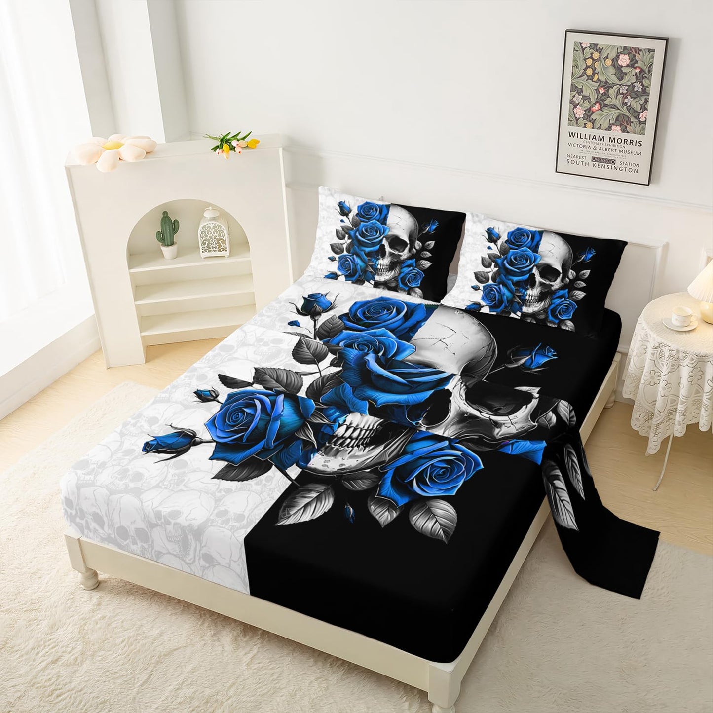 QOOMO Sugar Skull Kids Bed Sheets Twin Size,Blue Roses Print Bedding Sheet Set,4Pcs Skeleton Deep Pocket Bed Sets with 1 Fitted Sheet 1 Flat Sheet 2 Pillowcases for Boys Girls Teens