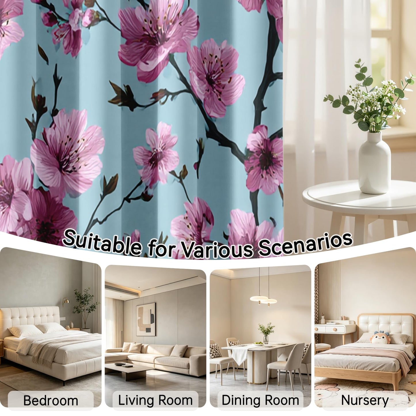 Mistwalk Cherry Blossom Curtains Blackout, 54 Inch Curtains for Bedroom & Living Room, Room Darkening Thermal Insulated Grommet Drapes, Girls Pink and Purple Floral Patterned Window Treatments