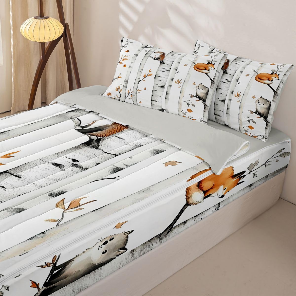 Erosebridal Cartoon Animals Zipper Comforter Set Twin Woodland Forest Bedding Set for Kids Rustic Cabin Lodge Bed in a Bag Fox Hedgehog Wildlife Botanical Branches Decor Zippered Quilt Fitted Sheet