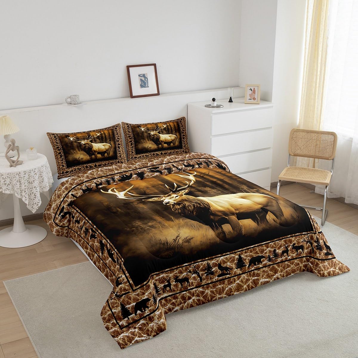 Manfei Deer Comforter Set Queen Size, Wild Animal Theme Bedding Set 3pcs for Kids Boys Teens Bedroom Decor, Black Elk Bear Wolf Trees Quilt Set Wildlife Hunting Duvet Set with 2 Pillowcases