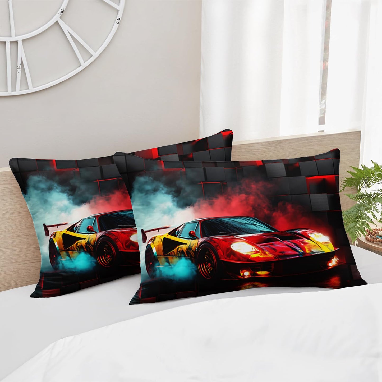 HOSIMA Boys Race Car Fitted Sheet Full,Black Red Geometric Background Pattern Lightweight Cool Extreme Sports Bedding for Kids Men Car Room Decor,1 Fitted Sheet+2 Pillowcases.