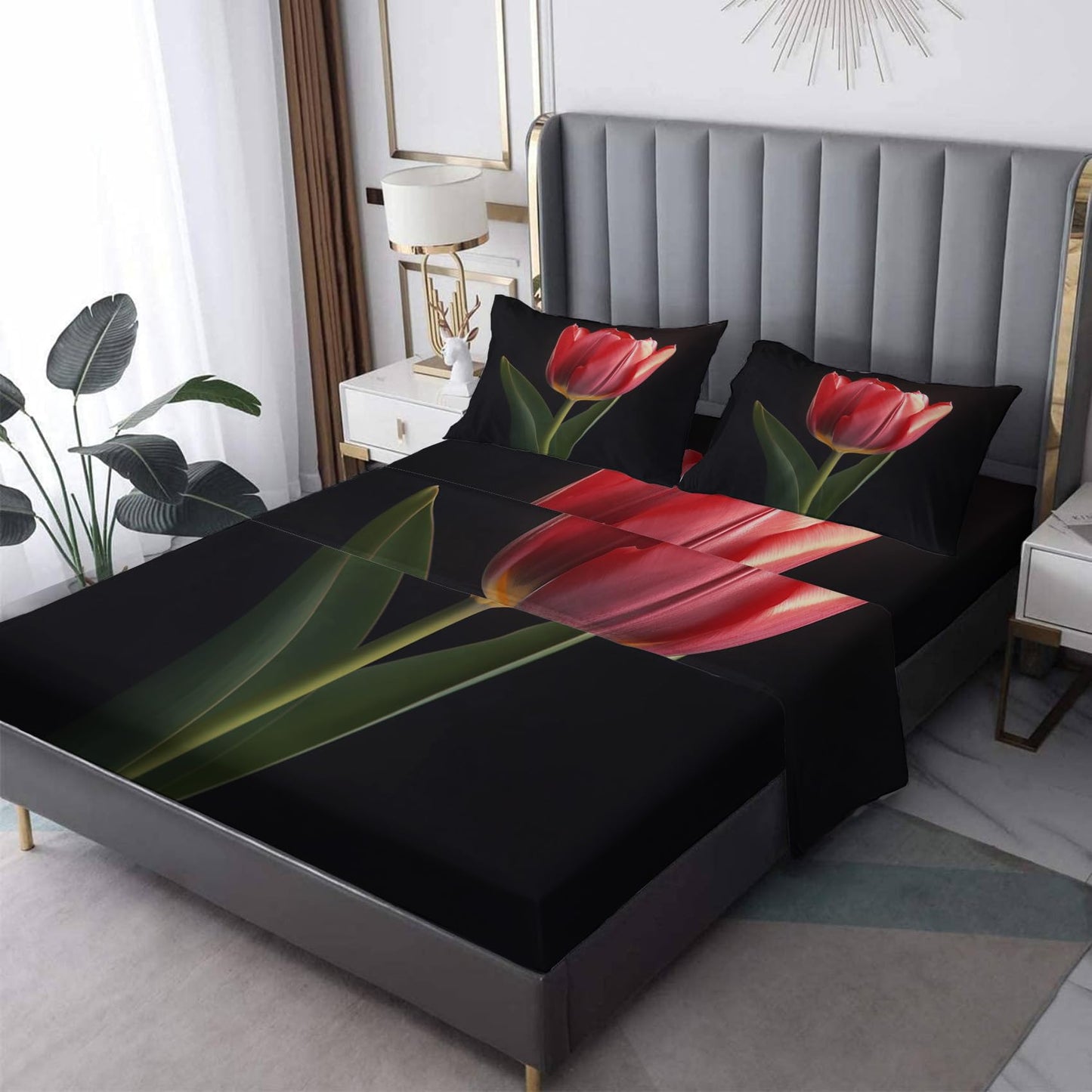 King Size Sheets Set - Tulip Bed Sheets, Floral Bedding Sheets & Pillowcases, Soft Microfiber & Deep Pocket & Wrinkle Free Patterned Sheet Set, 4 Piece ( 1 Fitted Sheet, 1 Flat Sheet, 2 Pillow Cases )