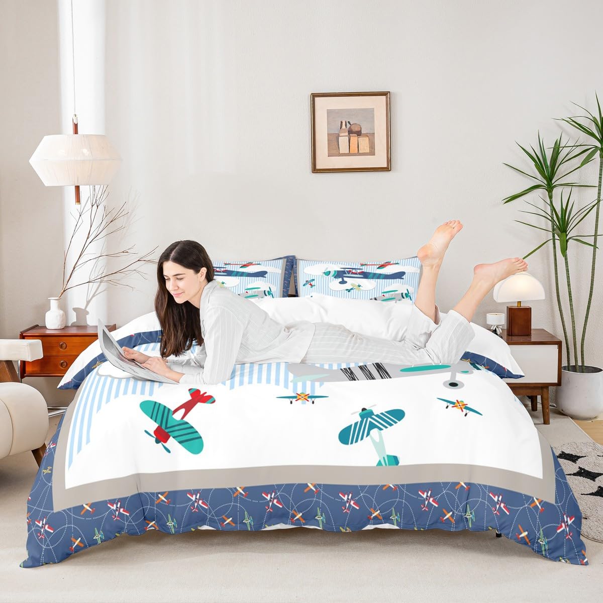 Kids Airplane Bedding Set Blue Sky and White Clouds Comforter Cover Set for Kids Teens Women Room Decor Aviation Aircraft Duvet Cover Breathable Modern Airplane Bedspread Cover Full Size(No Comforter)