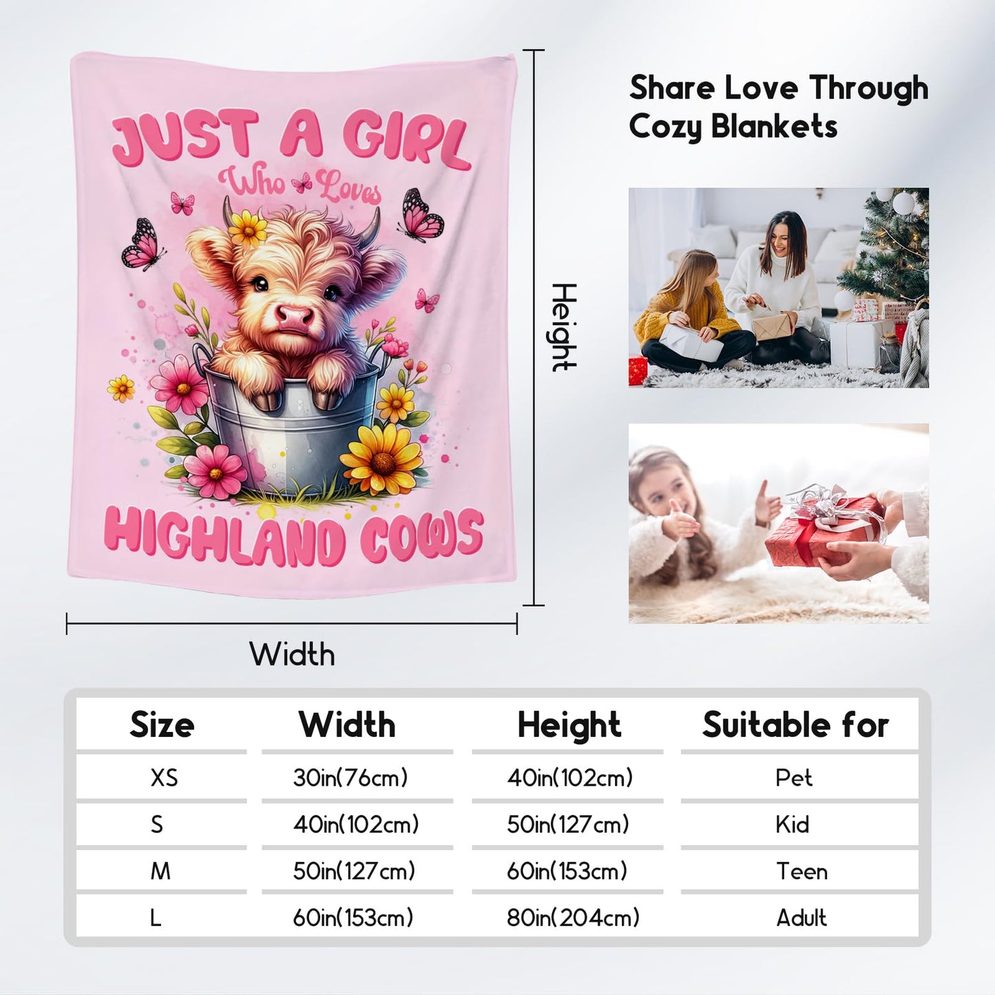 Highland Cow Throw Blanket, Cozy Soft Throw Gifts for Kids, Cute Pink Flannel Throw Blankets for Couch Office, 30x40 Inches
