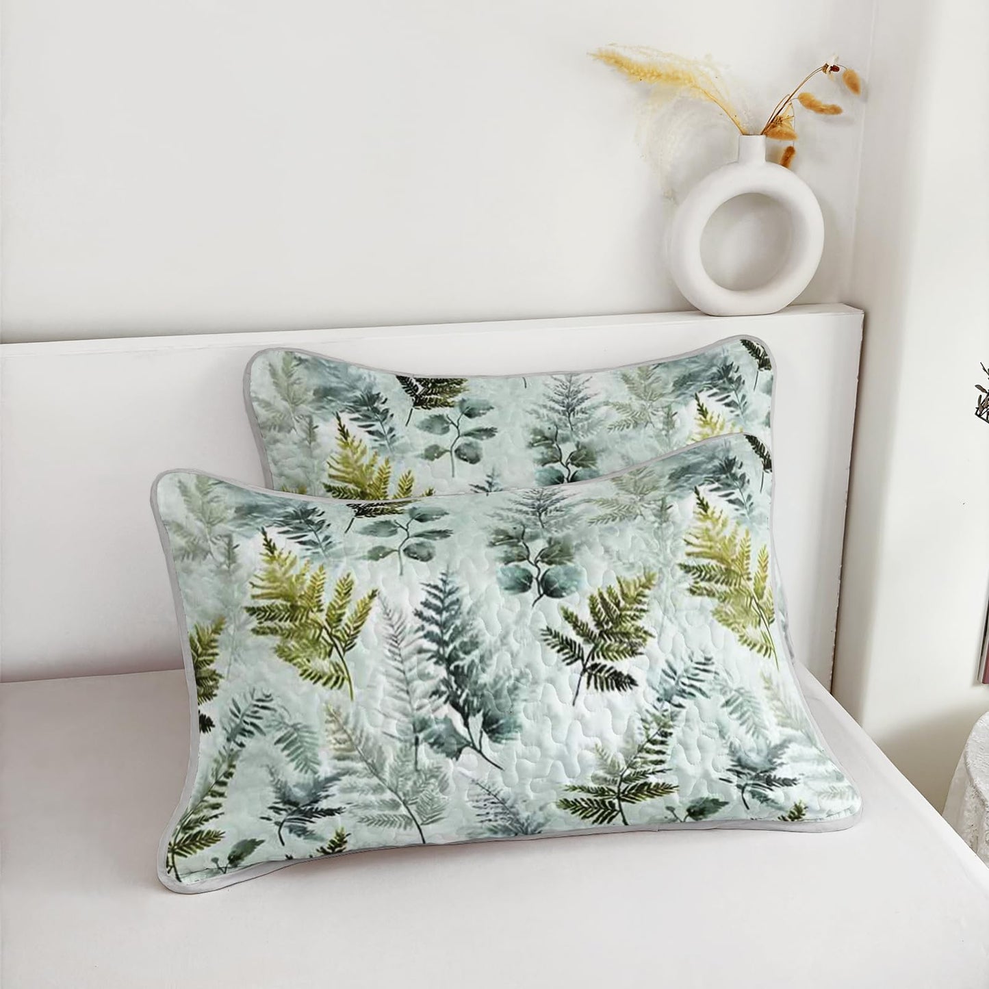 AILONEN King Size Green Leaves Print Quilted Comforter Set, 3-Piece Botanical Forest Bedspread Coverlet,Nature Quilted Bedding with 2 Pillowcases