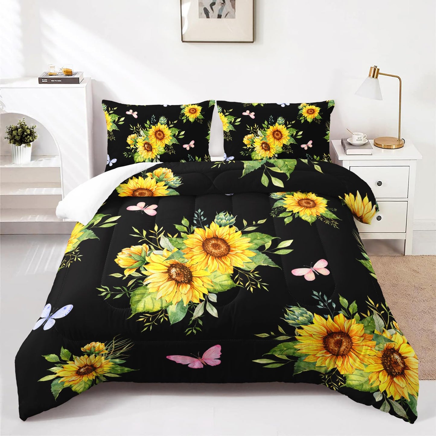 Nttopship Black 3 Piece Sunflower Comforter Sets Full Size, Farmhouse Floral Bedding Set for Girls Boys Adults,3 Piece Bed in A Bag, Ultra Soft Microfiber All Season Yellow Flower Bedding Set