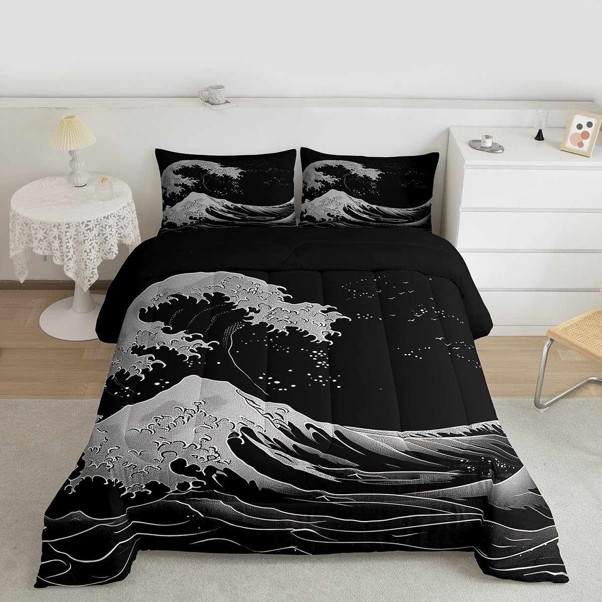 jejeloiu Black and White Wave Bedding Set Soft for Boys Girls, Ocean Wave Comforter Set Queen Size Japanese Style Duvet Quilt Microfiber Abstract Bedroom Decor 3 Pcs with 2 Pillow Cases