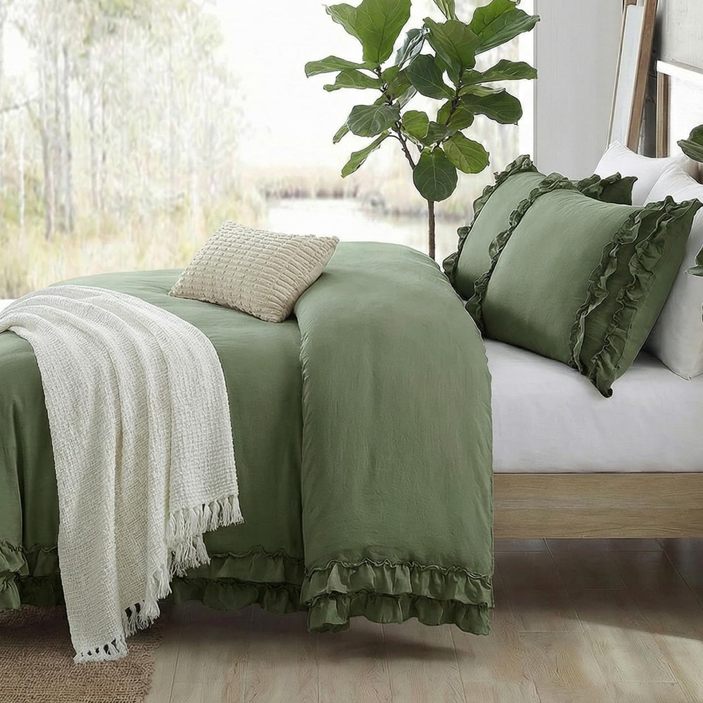 Avocado Green Duvet Cover Queen Ruffled Bedding Set Pleated Ruffle Fringe Shabby Chic Bedding Super Soft Cozy Boho Bedroom Bedding for All Season