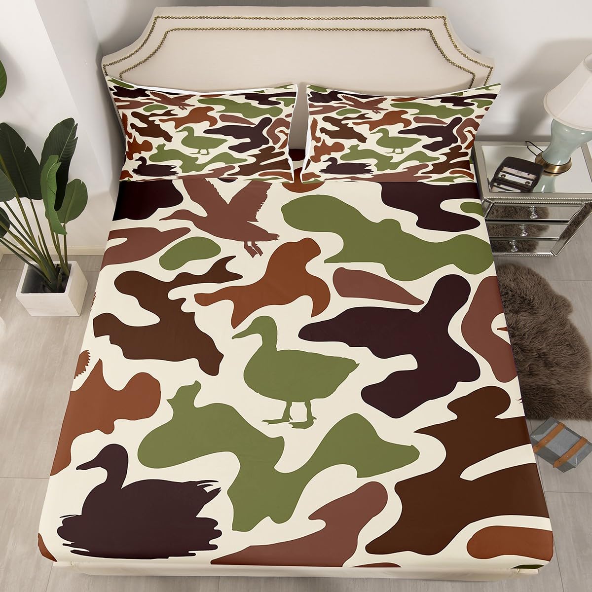 Feelyou Mallard Duck Bedding Set Twin Size for Boys Teens Kids Duck Hunting Camo Bed Sheets Hunter Green Army Camouflage Fitted Sheet Set Wild Home Decor
