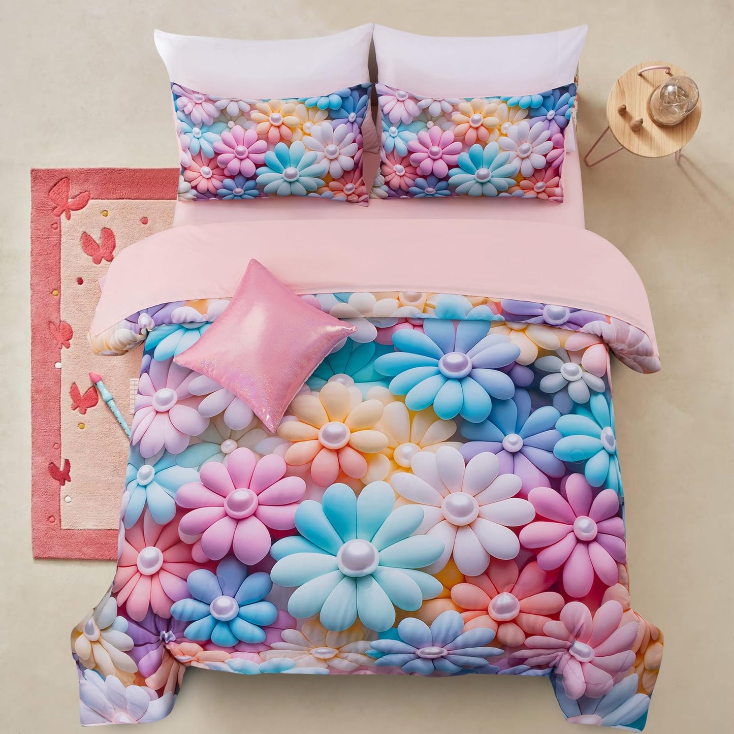 A Nice Night Stunning Blooming 3D Flower Floral Comforter Sets, with Pearl Flower Core Pattern Bedding Set for Girls Twin Size, Ultra Soft Bedding Sets (Blue-Purple, Twin 6Pcs)