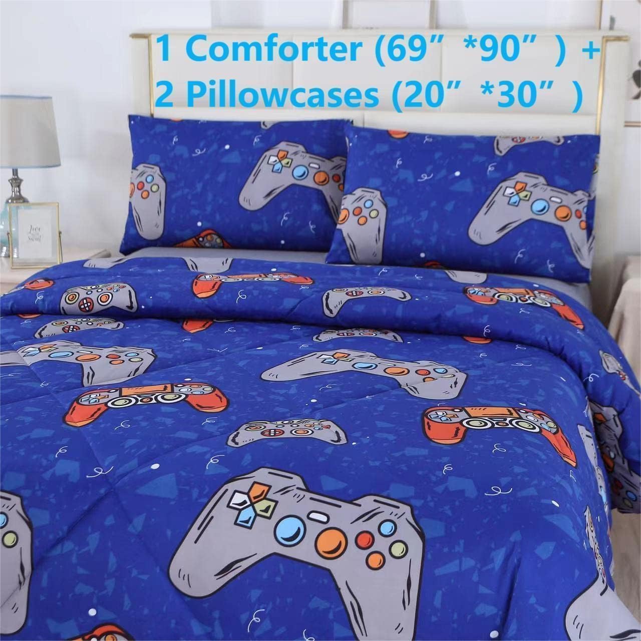 SDIII 3PCS Blue Gaming Comforter Set Twin, Soft Microfiber Lightweight Gamer Comforter Sets for Boys Girls Kids Teens, Video Game Bedding Quilt Twin