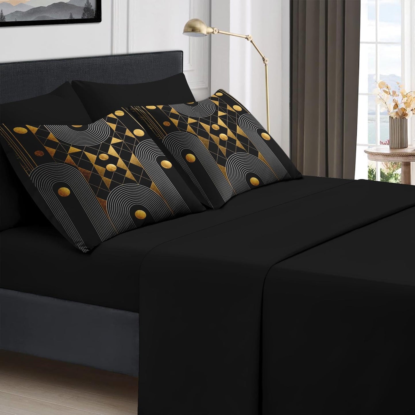 Boewywh Comforter Set Twin Size Geometric Gold Black 7 Pcs, Bedding for Kids and Adults, Abstract Modern Bed Sheet Sets with Fitted Sheet 2 Pillowcases & 2 Shams for Bedroom Bed Decor