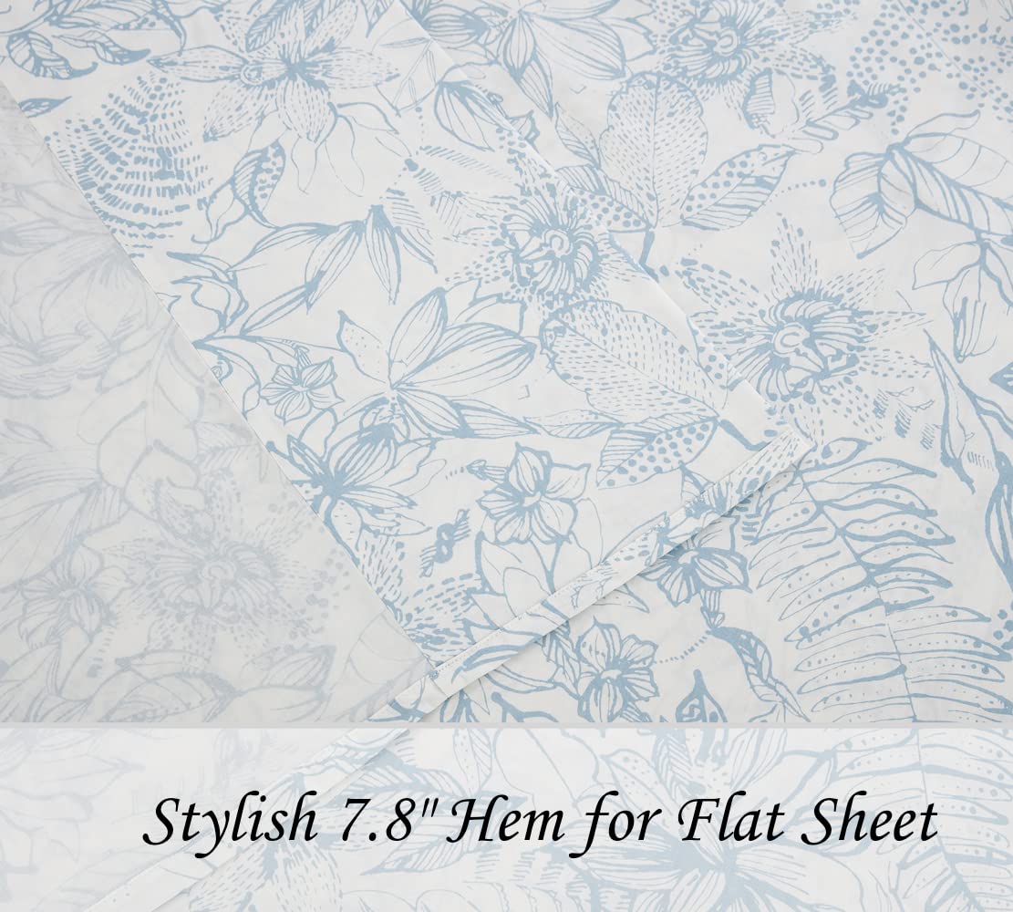 DAUAOTO Cotton Sheets Set King Size 4 Pieces Flower Bedding Sets, Aqua Blue Floral Pattern, Up to 14" Deep