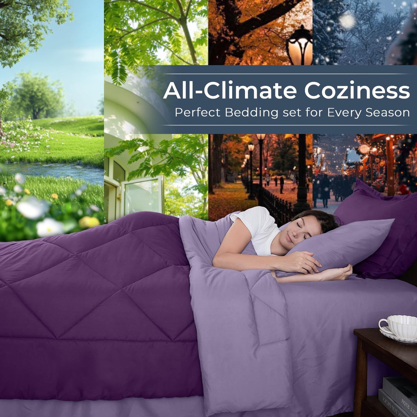 HEVUMYI Purple & Light Purple Queen Comforter Set - 7-Piece All Season Bed in a Bag Queen, Ultra Soft Bedding Set with Comforter, Flat Sheet, Fitted Sheet, Pillowcases, Pillow Shams