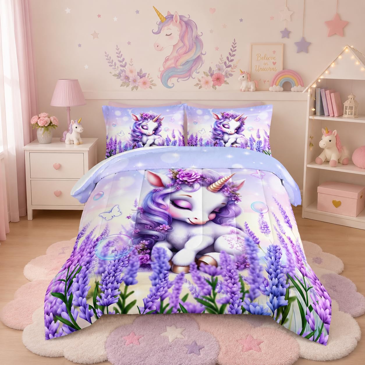 UEVBF Cartoon Unicorn Bedding Twin Size for Toddler Girls Room Decor,Lavender Flash Kids Comforter Sets with 2 Pillowcases.