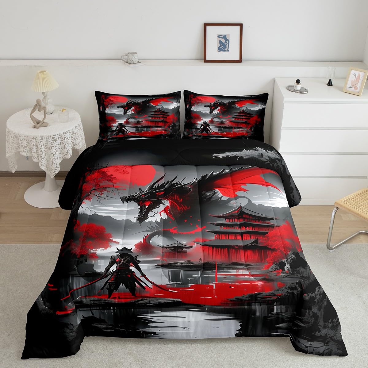 Erosebridal Japanese Style Twin Down Comforter Dragon Comforter Set Magical Animals Bedding Set Western Wildlife Theme Quilt for Boys Kids Teens Adult Bedroom, with 1 Pillow Cases