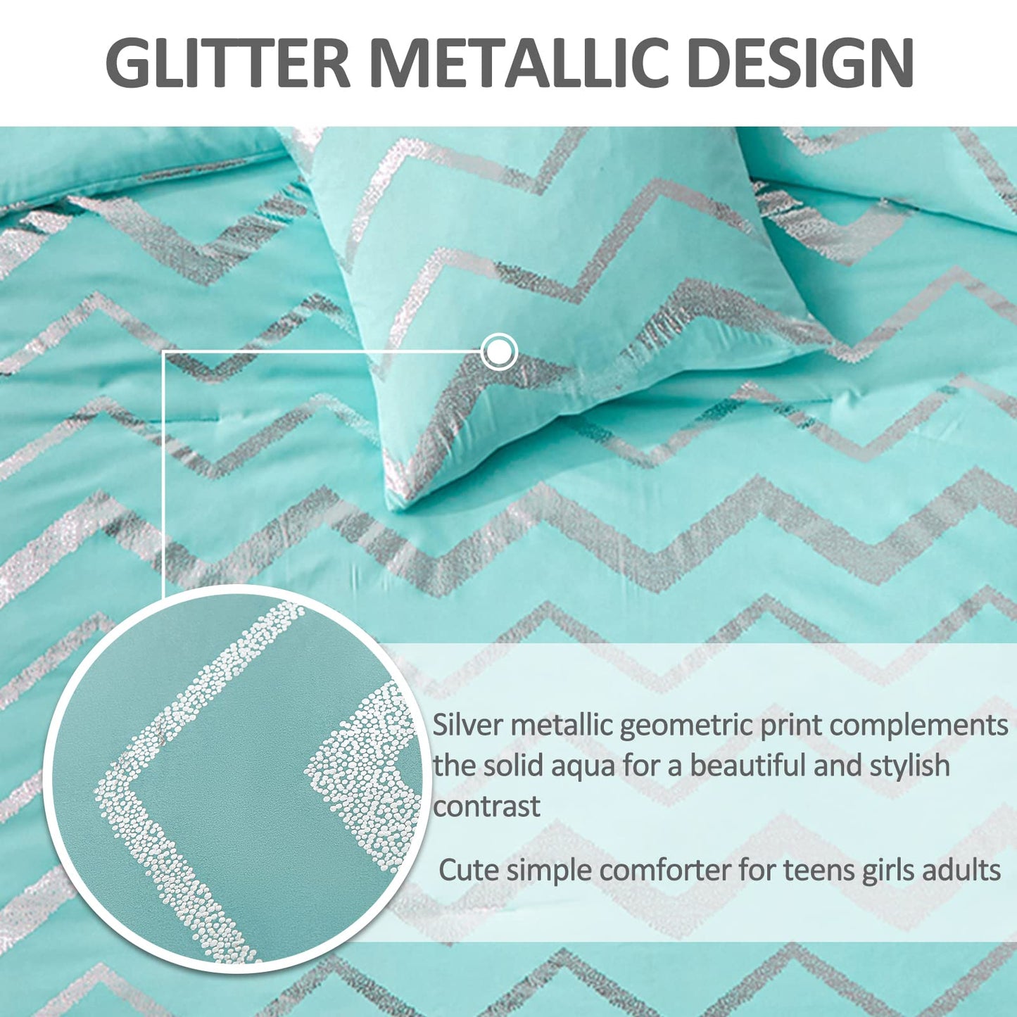 Menghomeus Aqua Comforter Set Twin XL Size Teal and Silver Bed Comforter 3 Piece Lightweight Microfiber Bedding for Teen Girls Boys (2 Pillow Cases + 1 Decorative Pillow Sham)