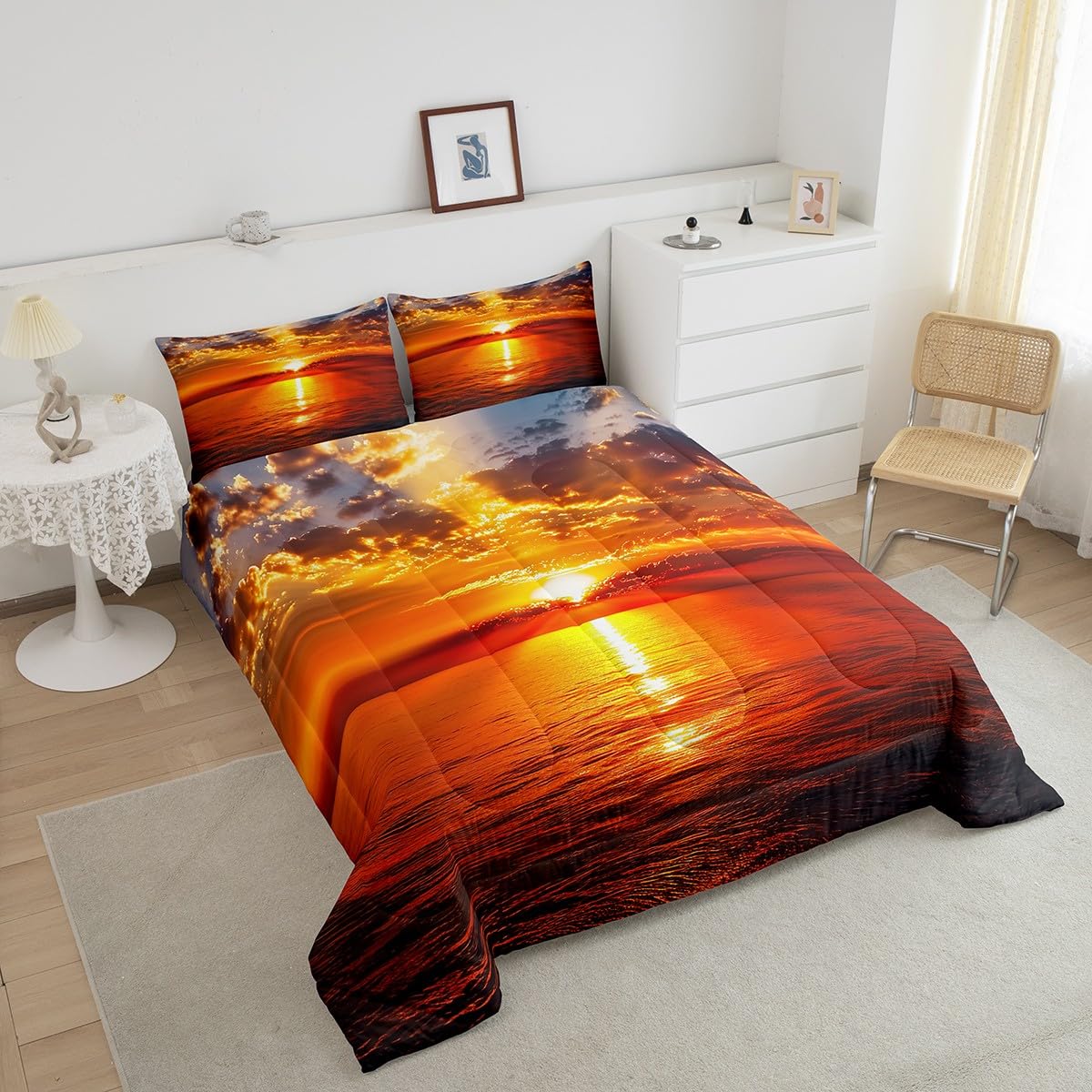 Manfei Sea Sunset Comforter Set Twin Size, Ocean Natural Landscape Bedding Set 2pcs for Kids Boys Girls Room Decor, Ocean Theme Down Comforter with 1 Pillowcase, No Sheets