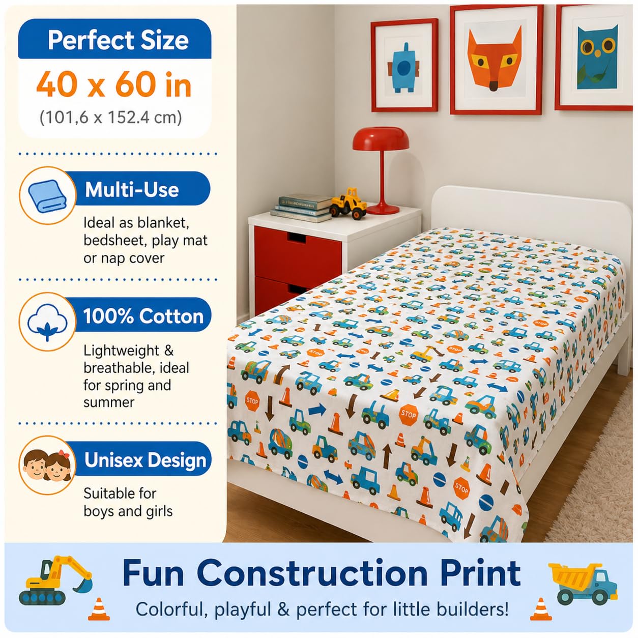 Kids Throw Blanket – Soft Cotton Toddler Blanket with Construction Vehicles Puzzle Pattern, Lightweight Breathable Bed Throw with Stitched Edges, 40 x 60 in (101.6 x 152.4 cm)