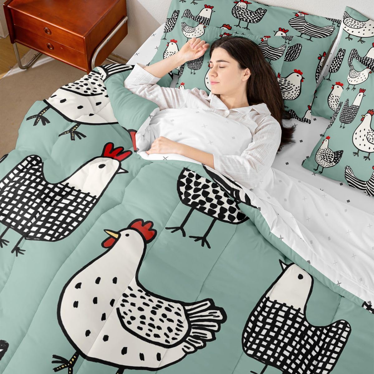 Erosebridal Chicken 7 Pcs Bedding Set Full Cartoon Chick Comforter Set with Sheets Cute Farmhouse Animal Bed in A Bag Teal Black Bedroom Decor