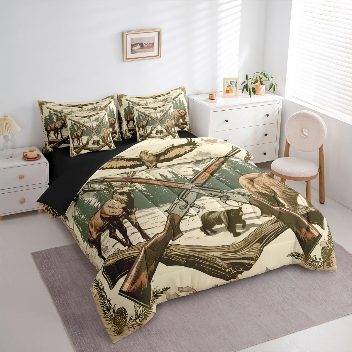 Erosebridal Shotguns 7 Piece Bedding Set Queen Hunting Comforter Set with Sheets Mountain Pine Cone Trunk Woodland Bed in a Bag Bear Deer Eagle Pattern Hunt for Teens Men Women