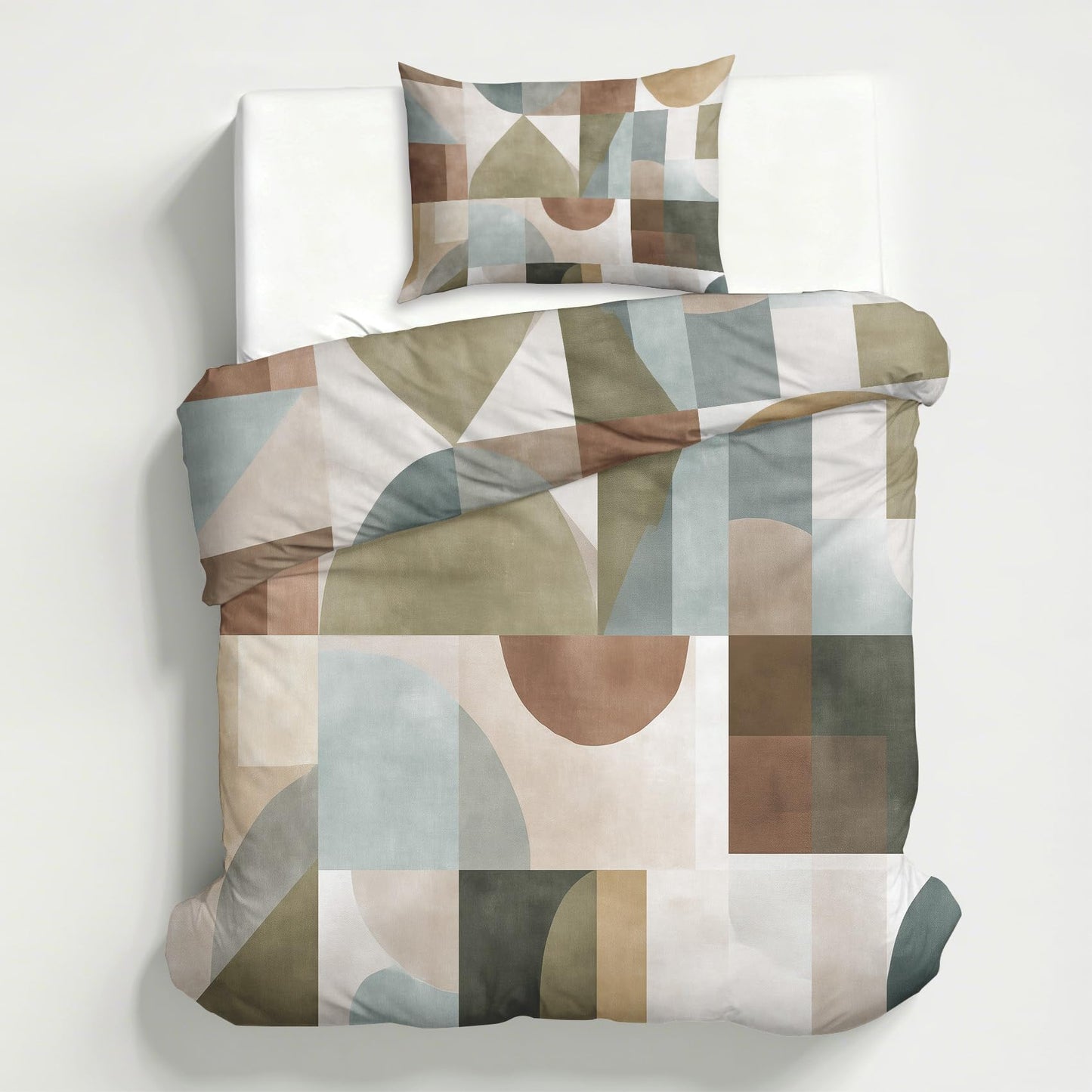 Abstract Geometric Duvet Cover Twin Size, Mid Century Modern Bedding Set 2 pcs with 1 Pillow Cover, Modern Geometry Bedroom Decor, Soft Microfiber Reversible, Zipper & Ties KJJT 108