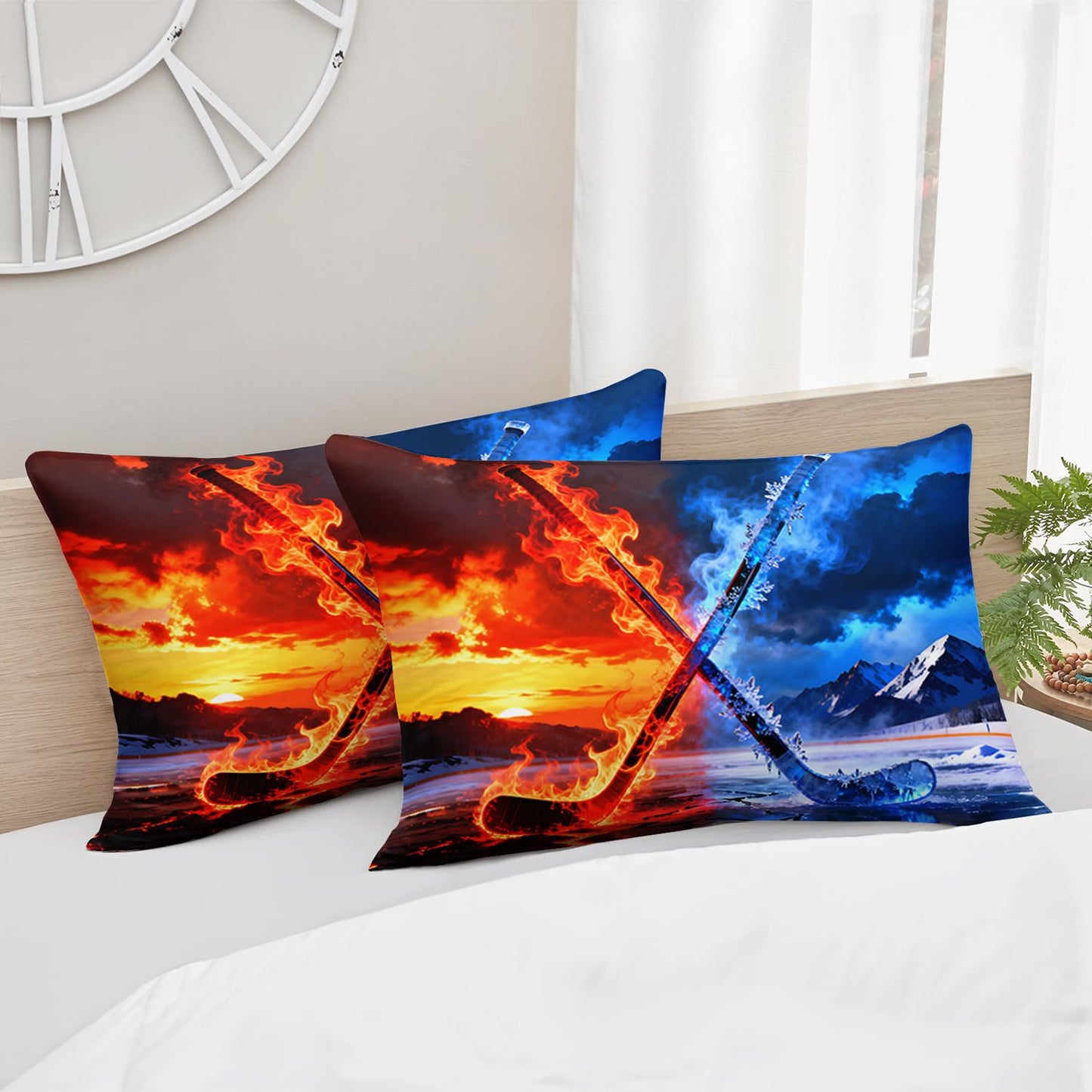 HOSIMA Hockey Bedding Queen for Kids,Hockey Stick Wrapped in Ice and Flame,Different Background Pattern Sports Fitted Sheet for Boys Room Decor,1 Fitted Sheet+2 Pillowcases.