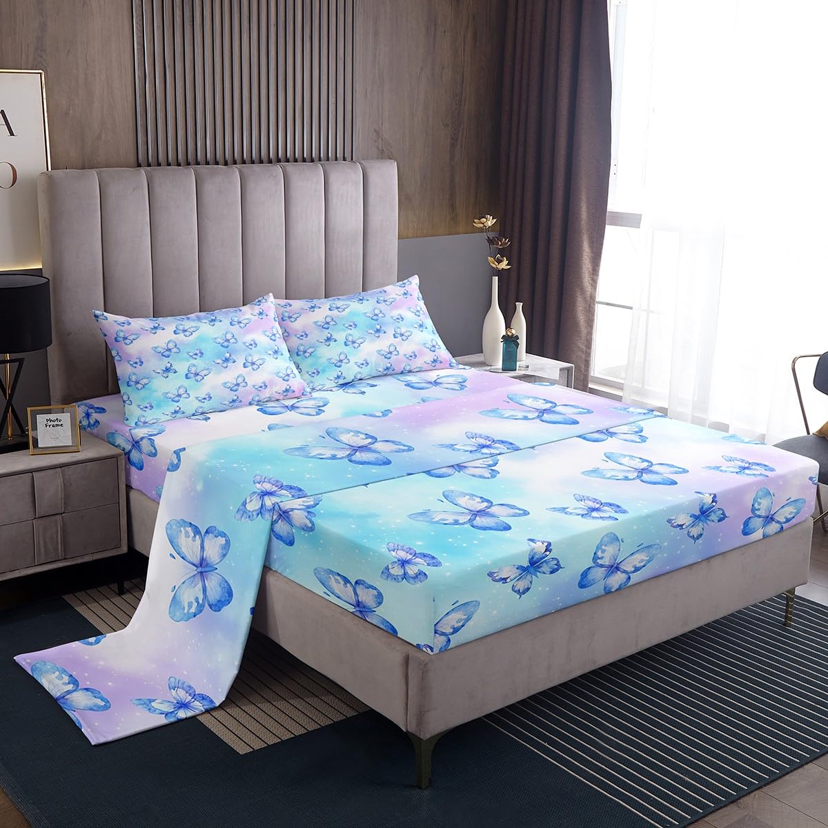 Erosebridal Pink Blue Butterfly Sheet Set Twin Watercolor 3D Printed Bed Sheets Set Purple Colorful Rainbow Sheets for Boys Girls Fantasy Dreamy Princess Flat Fitted Sheet with 1 Pillow Case