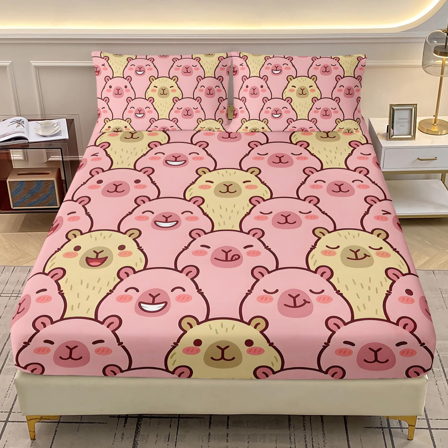 AILONEN 3 Piece Cute Capybara Faces Twin Fitted Sheet Set, 1 Fitted Sheet + 2 Pillowcases, Blush Animal face Pattern in Pink Tones