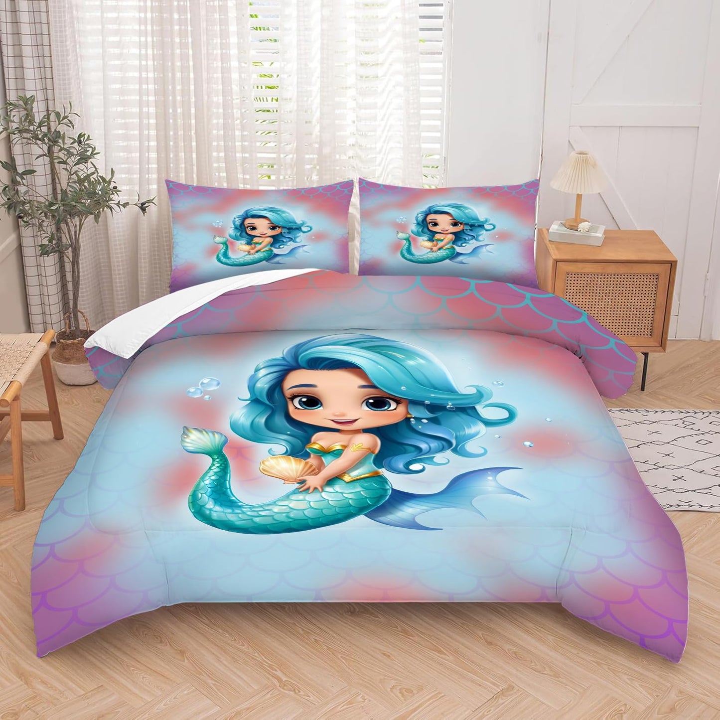 kxry King Size Little Lovely Mermaid Princess Comforter Sets Mermaid Fish Scale Bedding Set Sparkle Teal Quilt for Girls Kids Lightweight Soft Microfiber Room Decoration Duvet
