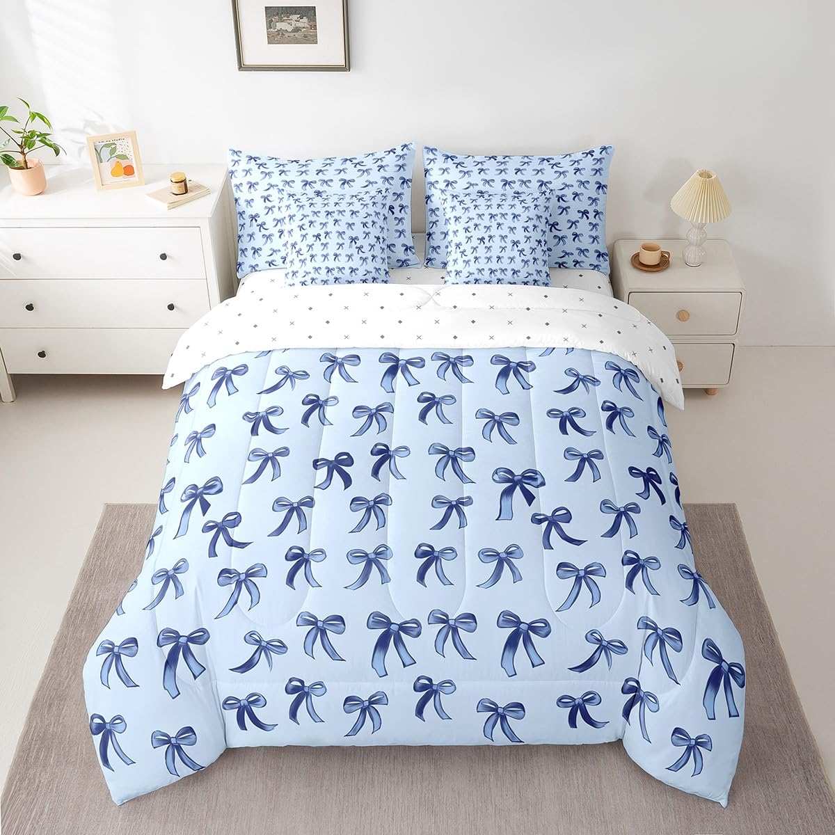Erosebridal Blue Bow 7-Piece Bedding Set Twin Size Teen Girl Coquette Bow Comforter Set with Sheets Modern Trendy Cute Bowknot Bed in A Bag for Preppy Princess Fashion Bowknot Quilt Duvet Bed Sets