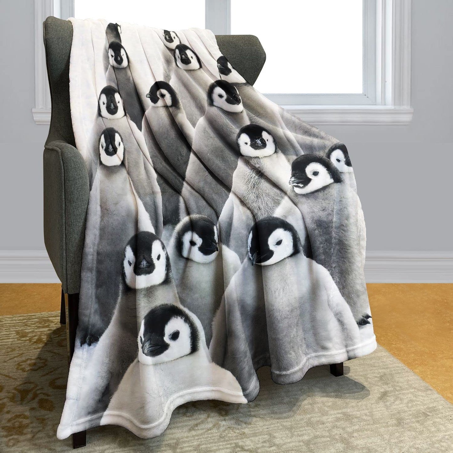 YISUMEI Realistic Antarctic Animals Blanket, Grey and White Penguins Resting on the Snow, Plush and Smooth Hand Feel for Kids Adults, 60"x80"