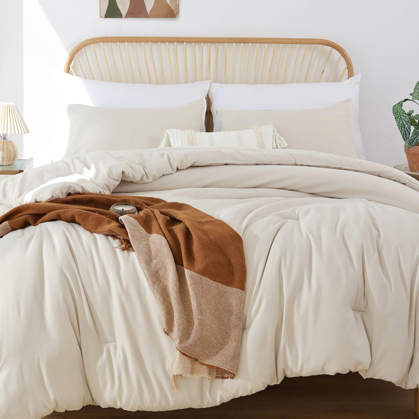 ROSGONIA Comforter Full Size for Girls Boys Teens Beige, 3pcs (1 Boho Comforter & 2 Pillowcases), Lightweight Dorm Bedding Soft All Season Bed Set