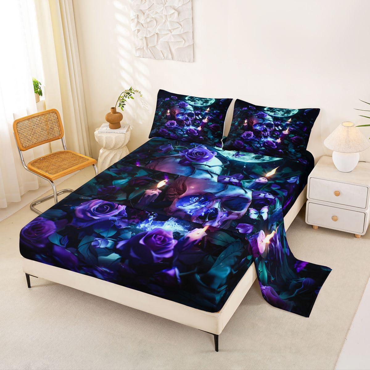 Feelyou Sugar Skull Bed Sheets Set Full Size Halloween Themed Bed Set for Kids Boys Girls Rose Floral Flower Deep Pocket Fitted Sheet Butterfly Breathable Soft Lightweight Microfiber Candles