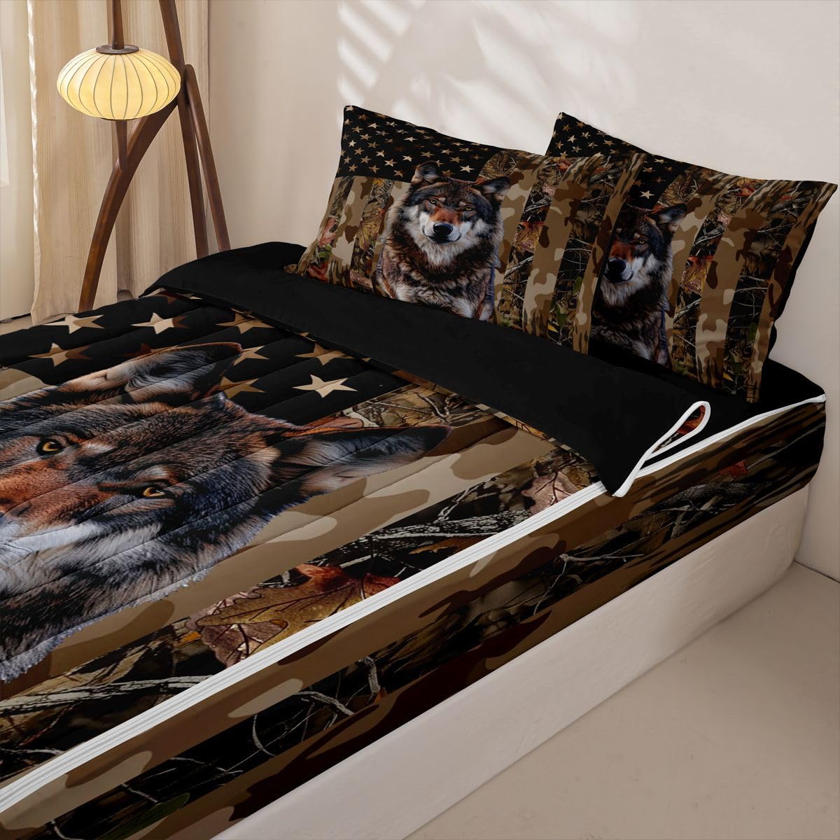 jejeloiu Wolf Hunting Camo Zipper Bedding for Kids Rustic Western Wolf Twin Comforter Set with Fitted Sheet 2 Pillowcases American Flag Bed in a Bag Brown Camouflage Soft Lightweight Microfiber