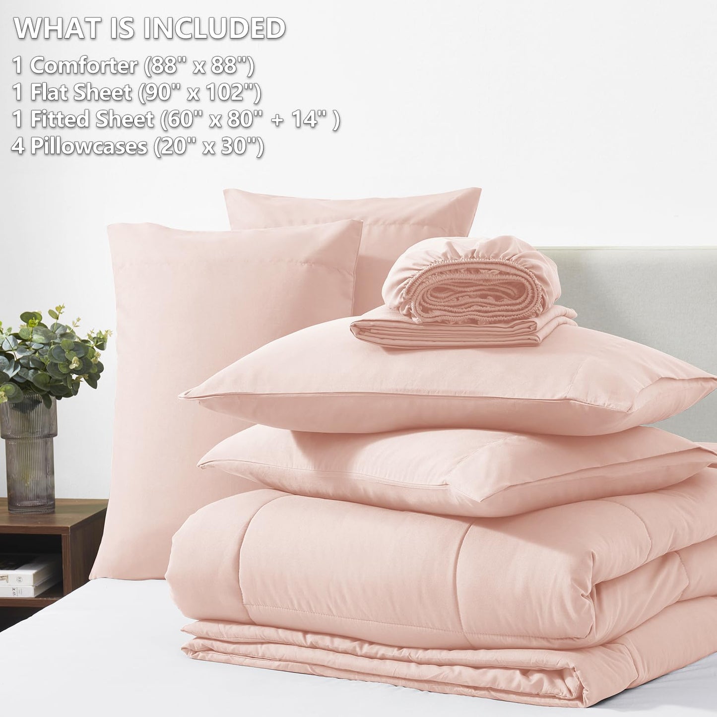 CozyLux Queen Comforter Set Blush Pink, 7 Pieces Bed in a Bag, Pink Comforters Queen Size, All Season Bedding Sets with Stitch Quilted Comforter, Flat Sheet, Fitted Sheet, Pillowcases