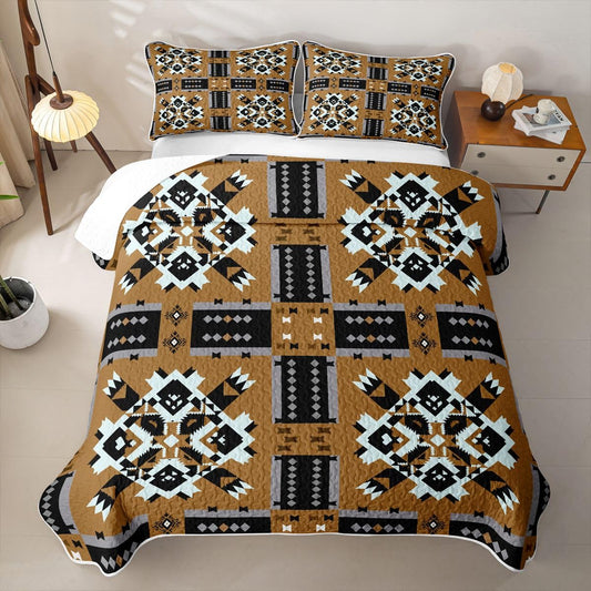 Caramel Tan Southwestern Lightweight Queen Quilt Bedding Set,Cooling Bedspread Coverlet,Aztec Tribal Black and White Geometric Quilted Blanket with 2 Pillow Shams,Soft Microfiber for Hot Sleepers