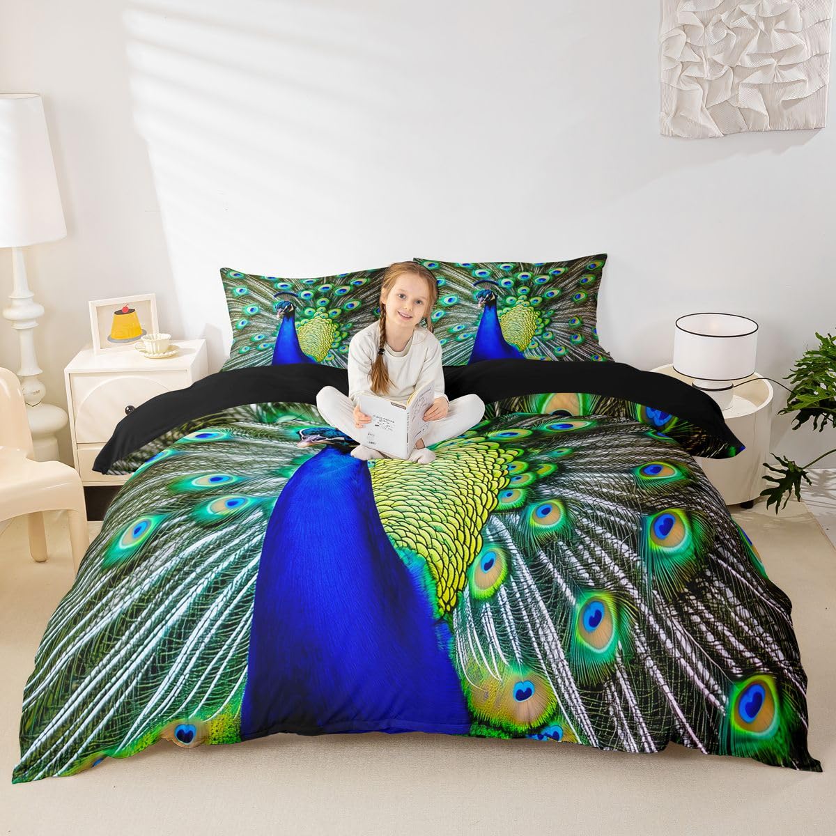 Peacock Duvet Cover King Size Green Cute Animal Pattern Bedding Set Peacock Feather Printed Decor Comforter Cover Set with Zipper Ties Adult Women Soft Quilt Set,1 Duvet Cover with 2 Pillow Cases