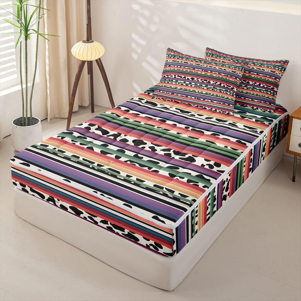 Rainbow Striped Zipper Bedding Set Queen Zip Up Bedding Purple Pink Cow Print Comforter Set with Sheets for Boys Girls,Black and White Cowhide Bed in a Bag Bull Farm Animals Western Bed Sets