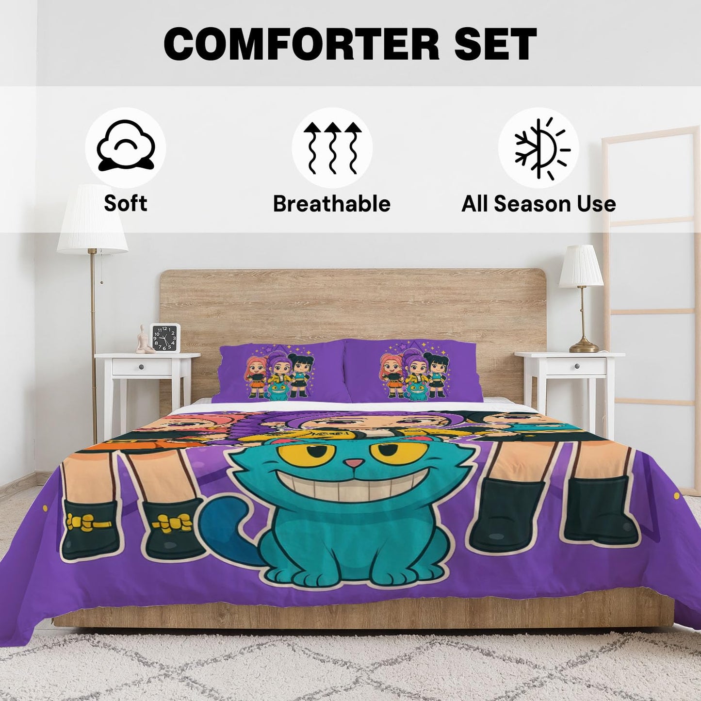 Allenjoy Cute Anime Purple Korean Hunter Comforter Set with 1 Pillowcase for Daughter Teens Fans Girls Women Bedroom Nursery Bedding Room Decor, Machine Washable Durable, Twin Size