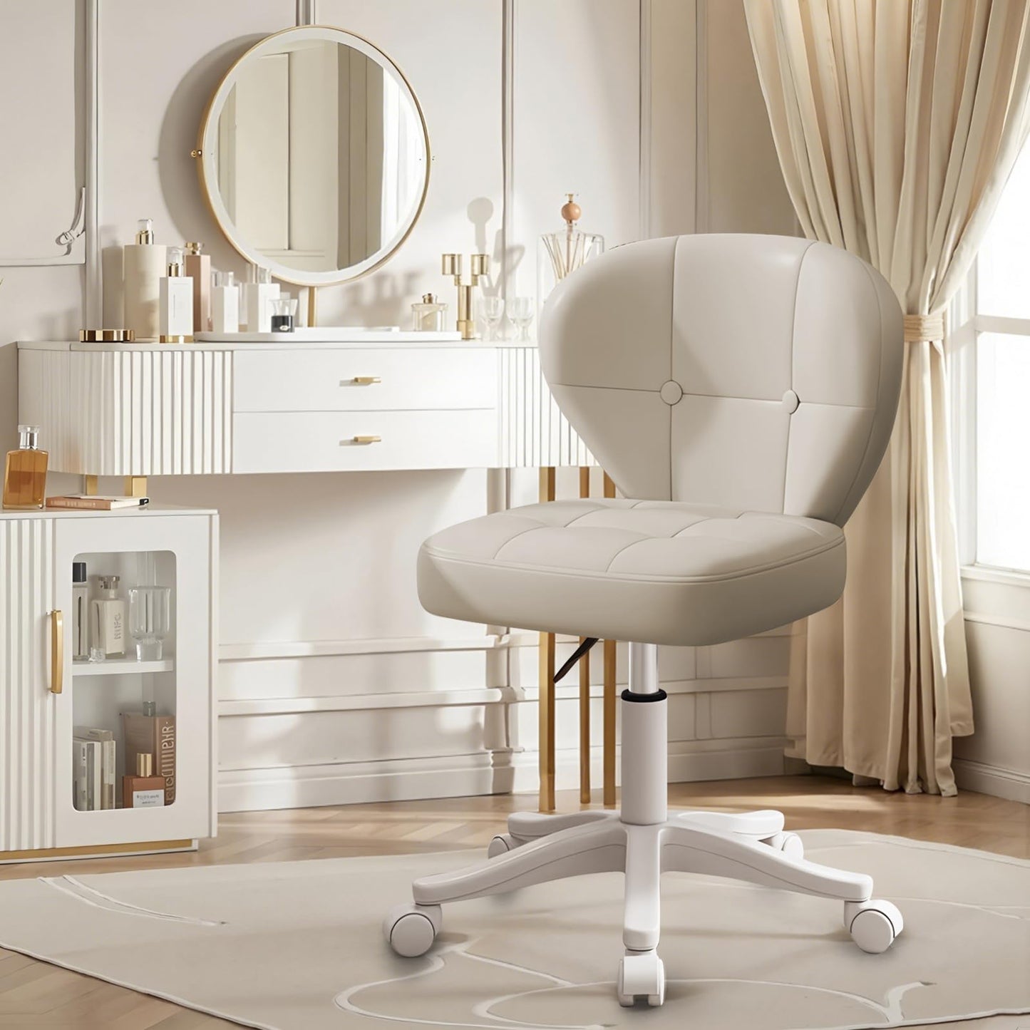 Timbertouch Small Office Chair with Lumbar Support, PU Leather Armless Swivel Desk Chair Adjustable Height, Compact Rolling Chair for Home Office, Bedroom, Study 1White