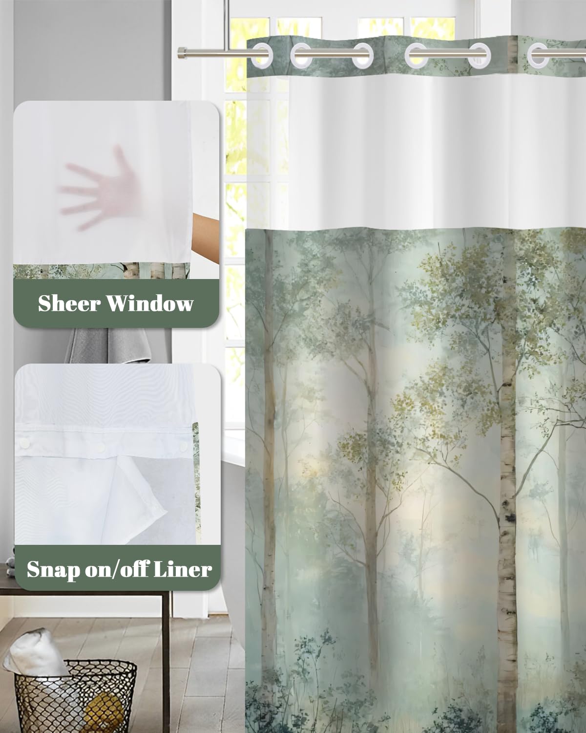 Xiazhilaio No Hook Shower Curtain and Liner Set, Birch Tree Forest Double Layer Waterproof Fabric Bath Tub Curtain for Rustic Farmhouse & Woodland Bathroom Decor, See Through Top, 71 x 74 Inch